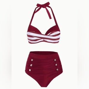 Retro Pin Up Girl Burgundy Stripe Push Up High Waisted Bikini Set XXL